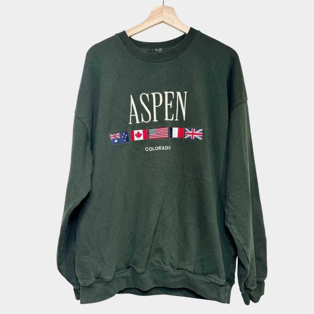 Aspen Colorado Sweatshirt Mens M Green Flag College Oversized Skater JOHN GALT
